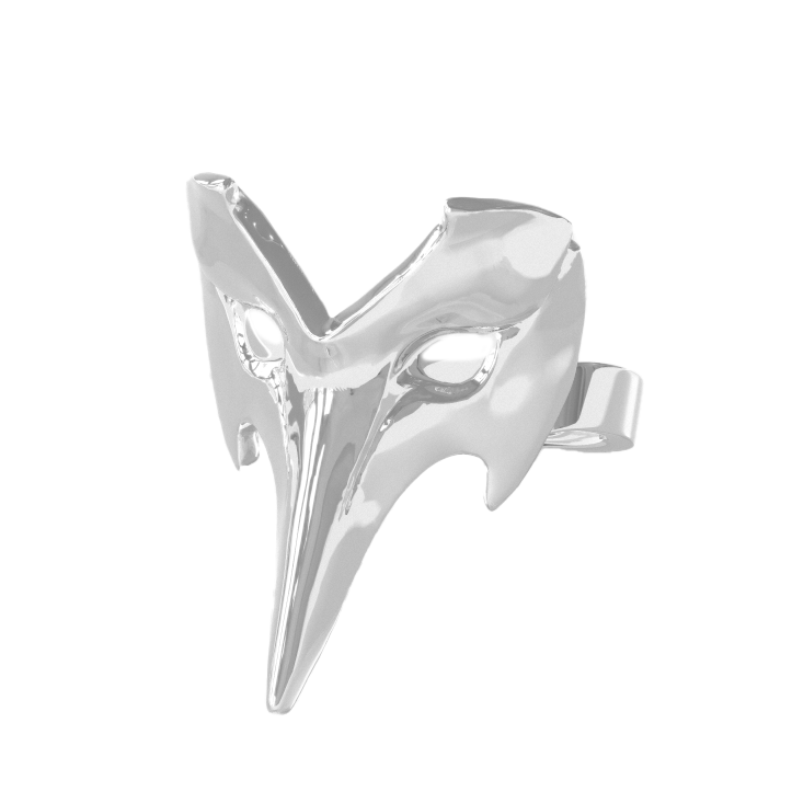 Image of a Crow-themed ring inspired by Persona 5 Royal, featuring a sleek white and silver design with a mask motif, reflecting Crow's refined and mysterious persona as part of the Phantom Thieves.