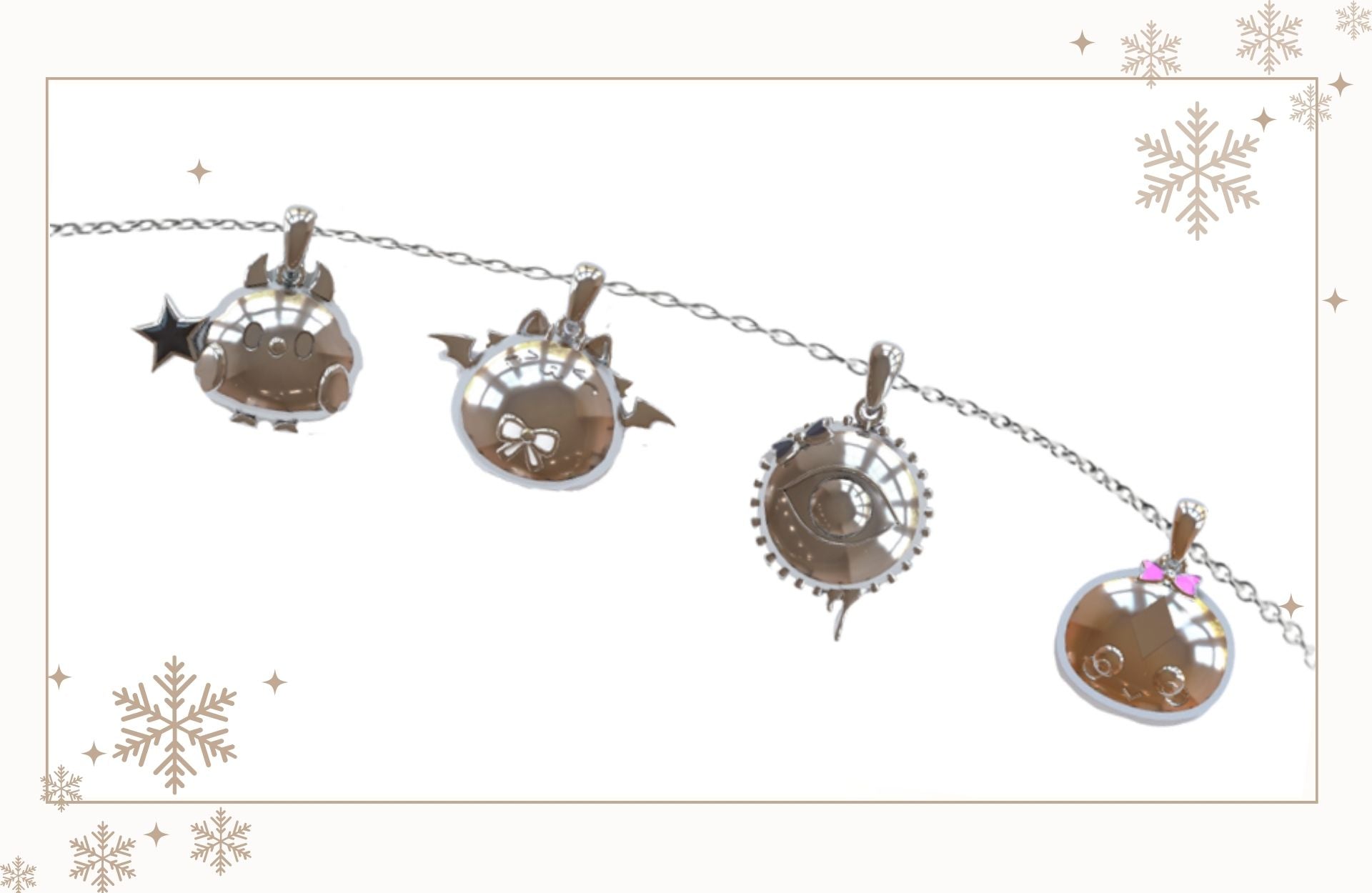 Hololive English Advent charm necklace – beautifully crafted jewelry inspired by Advent VTubers. Features unique charms representing Shiori Novella, Koseki Bijou, Nerissa Ravencroft, Fuwawa Abyssgard, and Mococo Abyssgard. A must-have for Hololive EN fans.