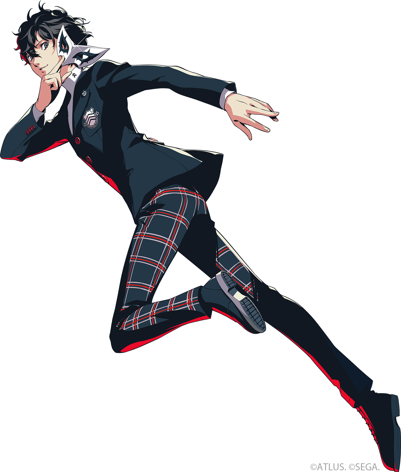 Image of Joker from Persona 5 Royal wearing his signature black mask and outfit, representing the leader of the Phantom Thieves. Iconic character known for his rebellious spirit and cool demeanor.