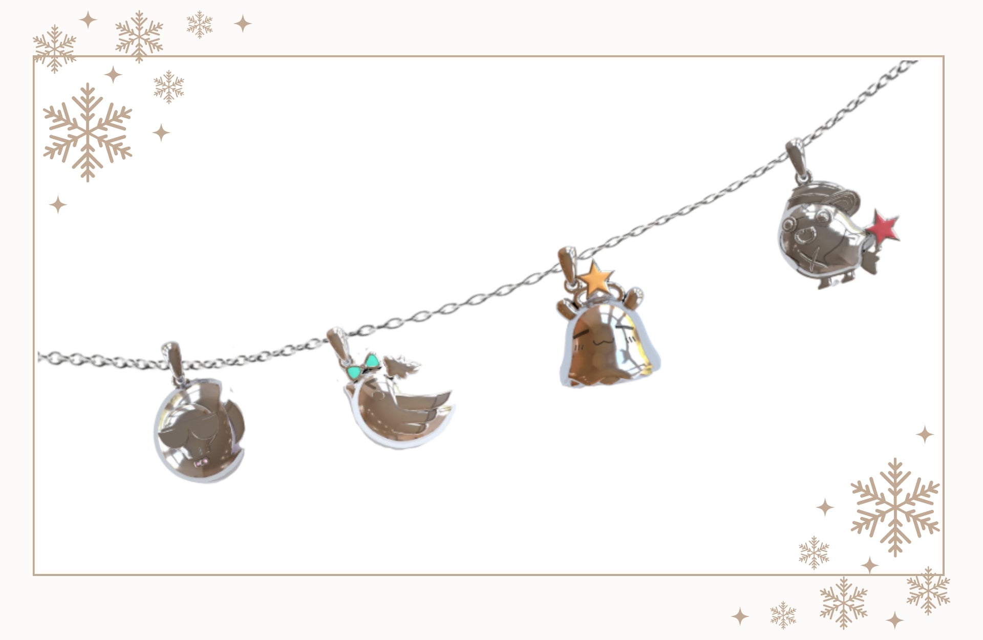 Hololive English Myth charm necklace – elegant jewelry inspired by Myth VTubers. Features unique charms representing Gawr Gura, Mori Calliope, Takanashi Kiara, and Ninomae Ina’nis. A must-have collectible for Hololive EN fans.