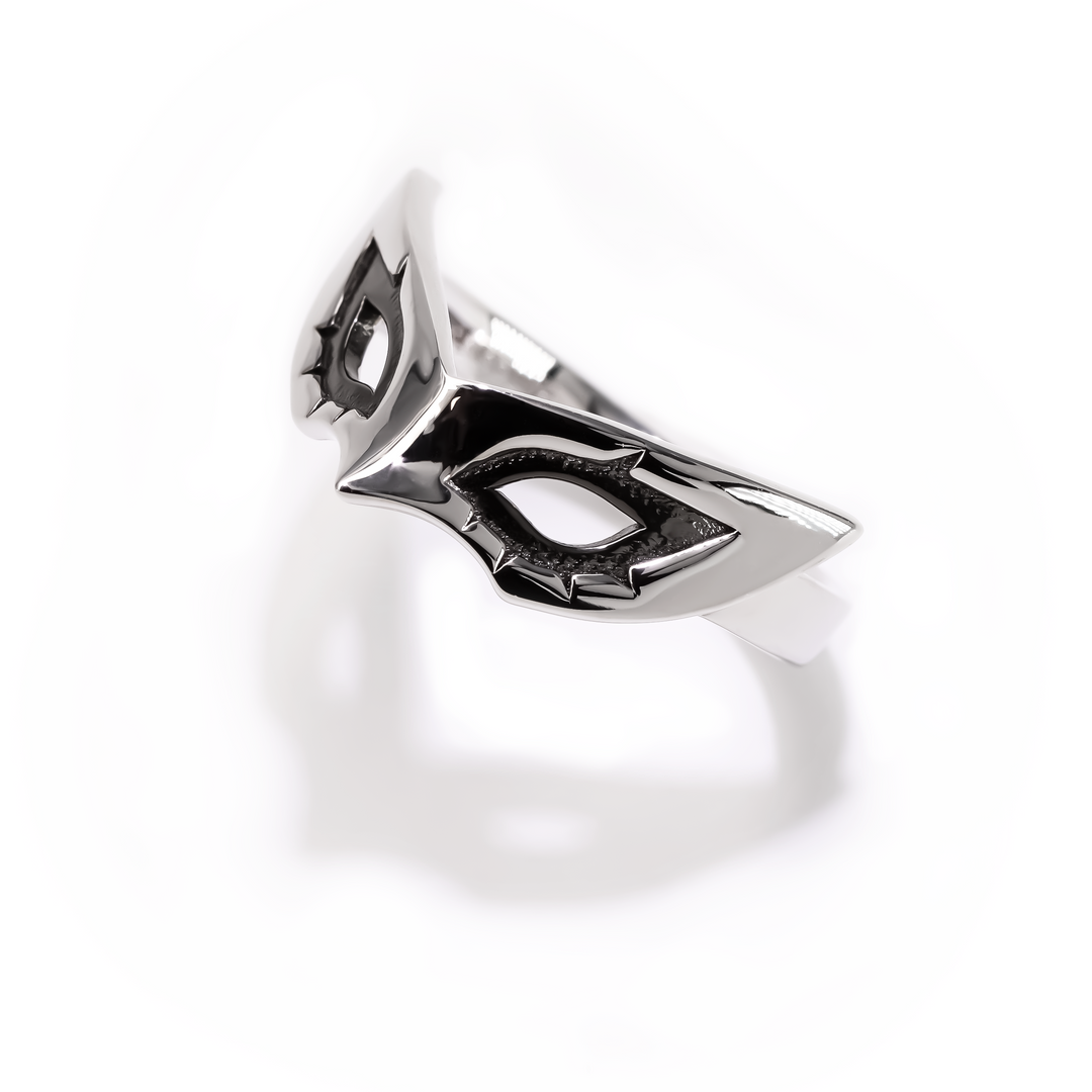Image of a Joker-themed ring inspired by Persona 5 Royal, featuring intricate black and silver design elements with a mask motif, symbolizing Joker's rebellious spirit and leadership in the Phantom Thieves.